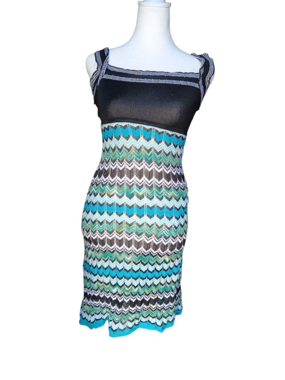 Y2K Bebe Chevron Sundress Geometric Vibrant Teal and Black Pullover Dress XS